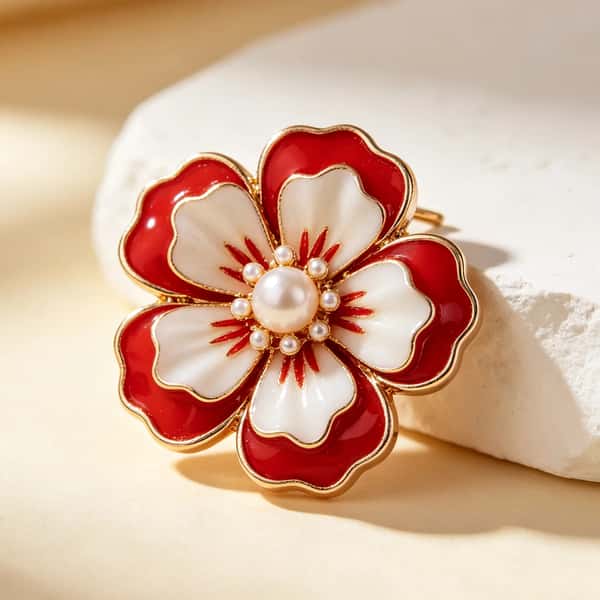 Enamel Red Blossom Floral Brooch
