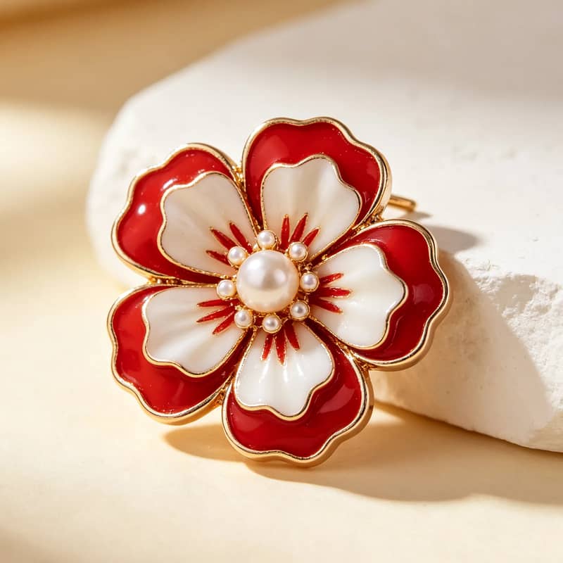 Enamel Red Blossom Floral Brooch